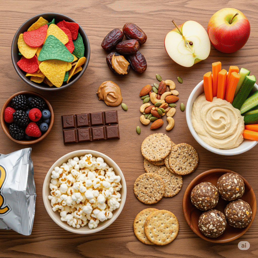 Healthy snack swaps: a comparison of nourishing alternatives like fruits, nuts, and veggie sticks versus traditional unhealthy snacks.