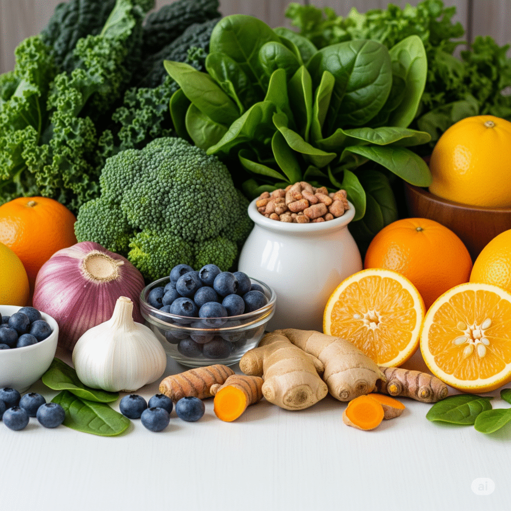 A vibrant and colorful still life featuring an array of superfoods renowned for their immunity-boosting properties. The image showcases a medley of ingredients, including kale, spinach, blueberries, broccoli, garlic, ginger, turmeric, and citrus fruits, all arranged in a visually appealing composition on a white surface with a wooden background.