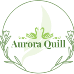 Round floral logo with two swans, feather, and AuroraQuill Wellness & Kitchen Care text.