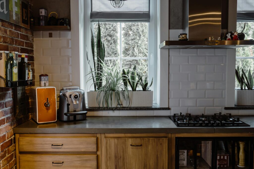 Modern kitchen interior with a gas stove, appliances, and plants on brick walls.
