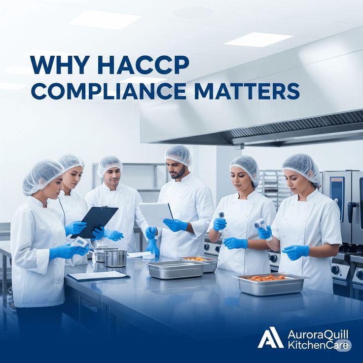 Kitchen staff following HACCP safety guidelines to ensure a clean and healthy food preparation environment.