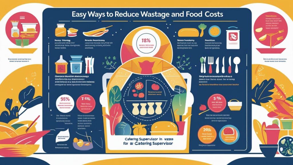 Infographic titled "Easy Ways to Reduce Wastage and Food Costs", with vector illustrations and diagrams showing strategies for a catering supervisor.