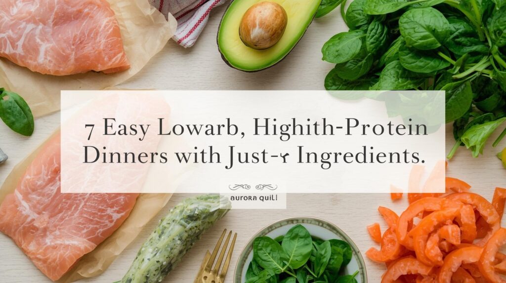 Fresh ingredients for 7 Low-Carb High-Protein 5-Ingredient Dinners including salmon, avocado, spinach, and tomatoes on a wooden table